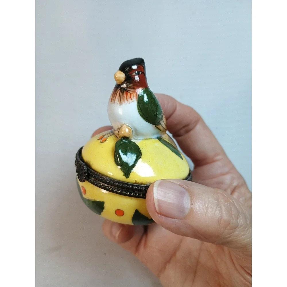 Vintage Porcelain Trinket Box Hand Painted Bird Hinged Pill Box Collectible